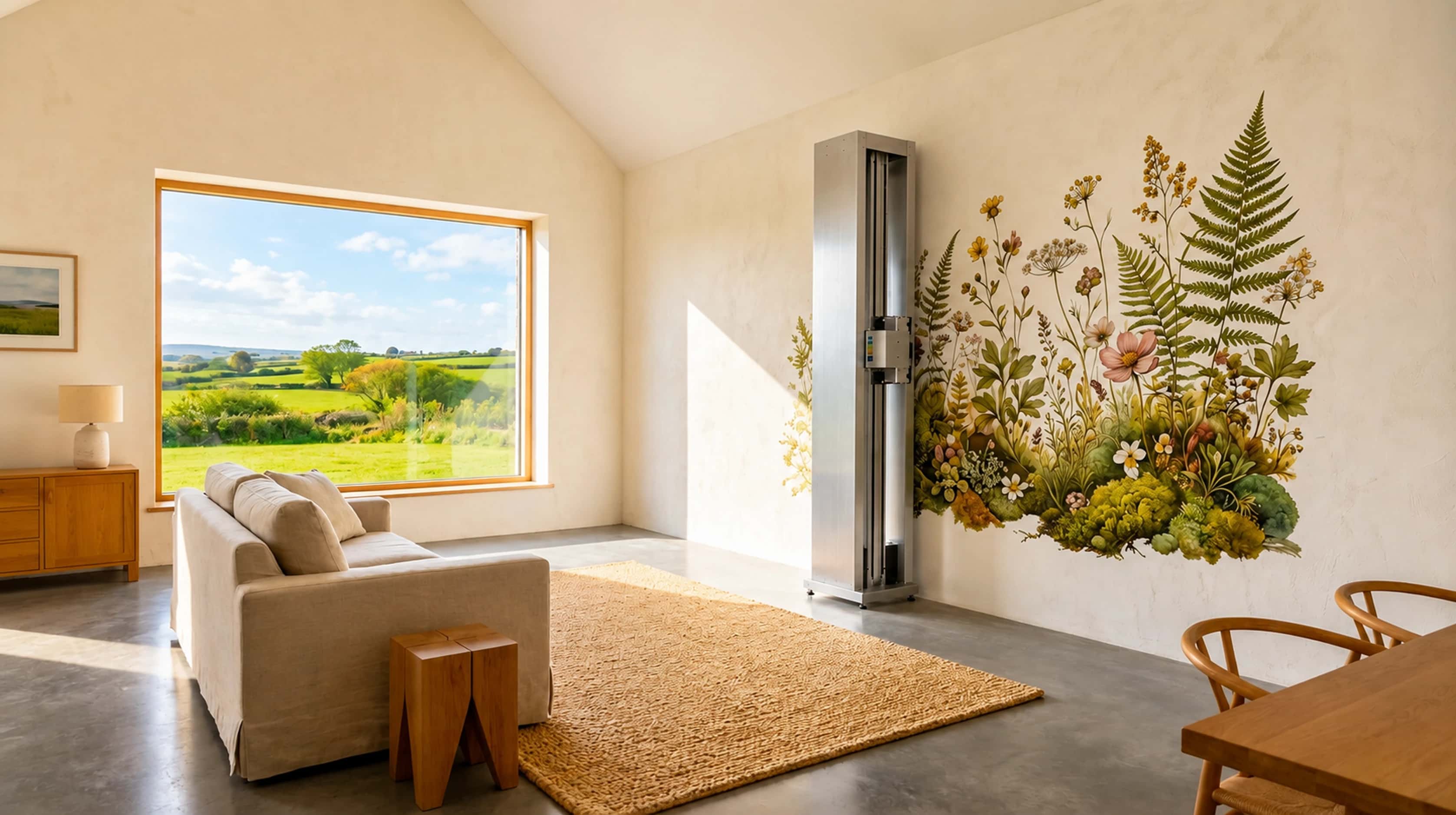 A modern, minimalist living room with a custom printed wall mural